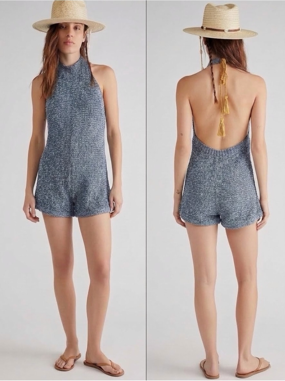 Free People Molly Open Back Halter Romper Blue Ocean Medium NWOT